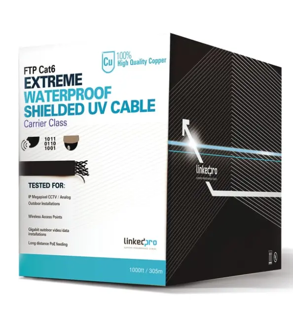 [PRO-CAT-6-EXT-LITE] Bobina de cable 305 Metros Cat6+ CALIBRE 23, Climas EXTREMOS, Color negro, sin blindar, para intemperie.